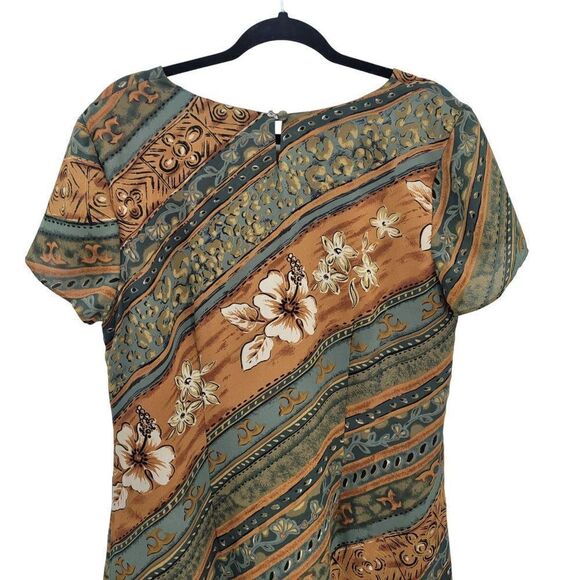 Vintage 90's Maxi Dress 12 Green Tan Modest Short Sleeve Shift Southwestern - Picture 10 of 14